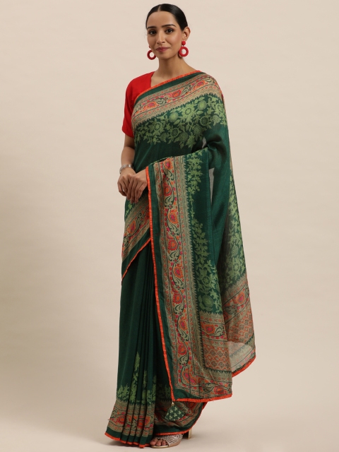 

Triveni Green Floral Foil Printed Art Silk Chanderi Saree