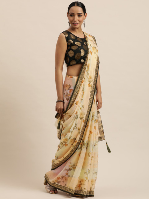 

Triveni Peach-Coloured & Cream-Coloured Floral Printed Pure Chiffon Saree