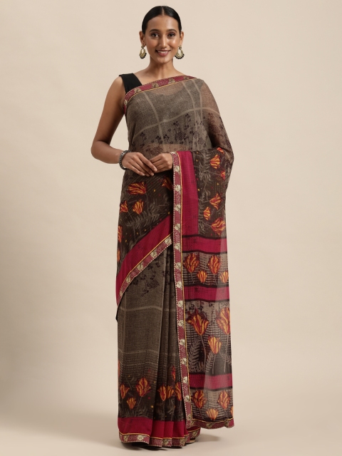 

Triveni Grey & Pink Floral Pure Georgette Saree