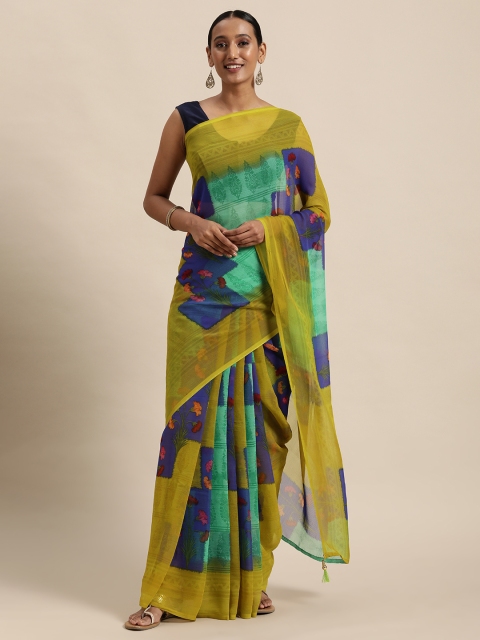 

Triveni Mustard Yellow & Blue Printed Pure Cotton Saree