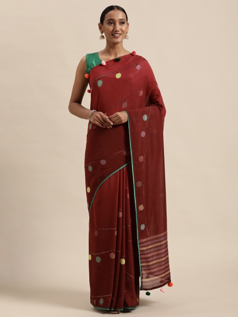 

Triveni Maroon & Green Zari Art Silk Chanderi Saree