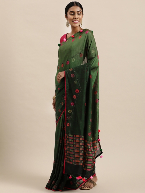 

Triveni Green & Pink Floral Printed Art Silk Chanderi Saree