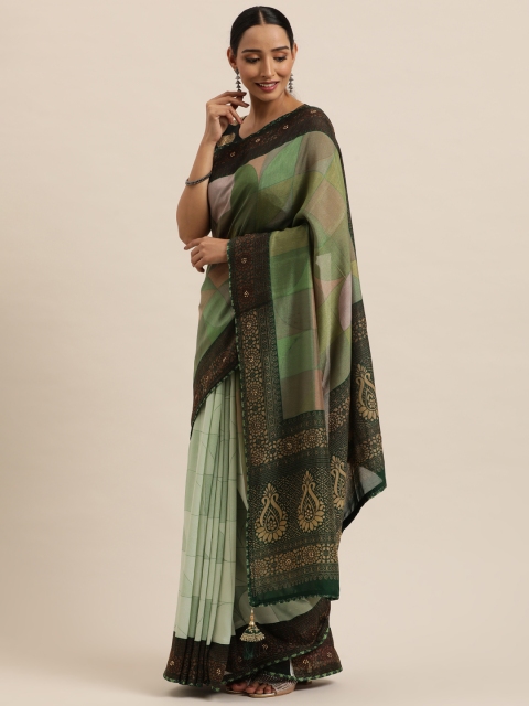 

Triveni Green & Black Printed Art Silk Chanderi Saree