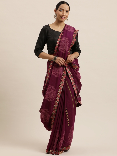 

Triveni Burgundy Ethnic Motifs Printed Art Silk Chanderi Saree