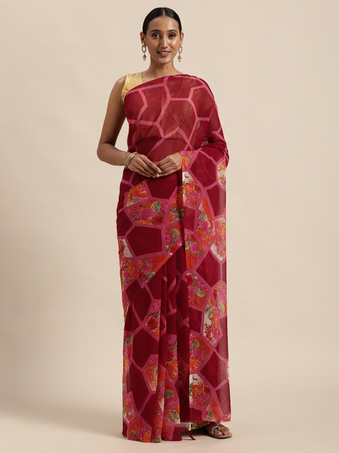 

Triveni Burgundy Floral Printed Pure Cotton Saree
