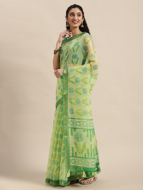 

Triveni Green Floral Printed Pure Cotton Saree