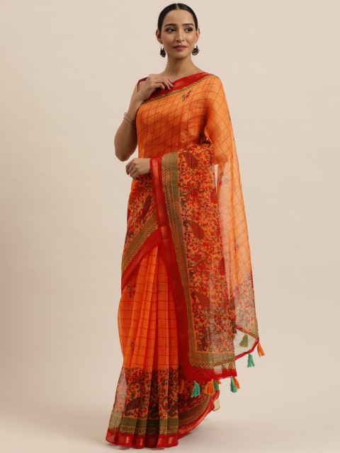 

Triveni Orange & Red Checked Pure Cotton Saree