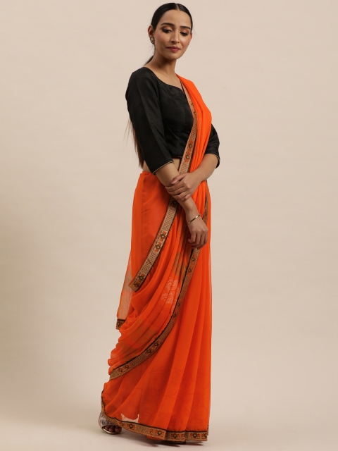 

Triveni Orange Floral Printed Pure Georgette Saree