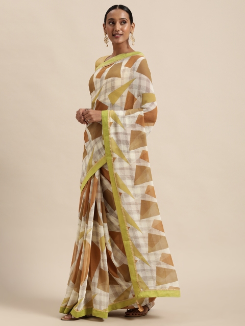 

Triveni Off-White and Brown Geometric Printed Pure Georgette Saree