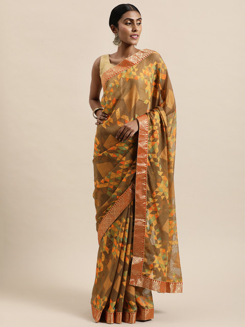 

Triveni Tan Brown Geometric Printed Pure Chiffon Saree