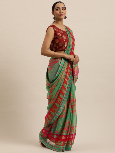 

Triveni Green & Red Floral Pure Chiffon Saree