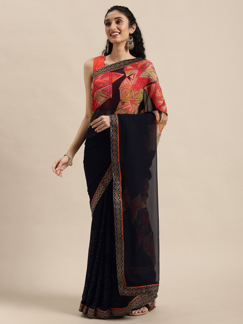 

Triveni Navy Blue & Red Pure Georgette Saree