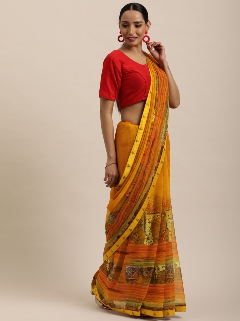 

Triveni Orange Printed Pure Georgette Saree