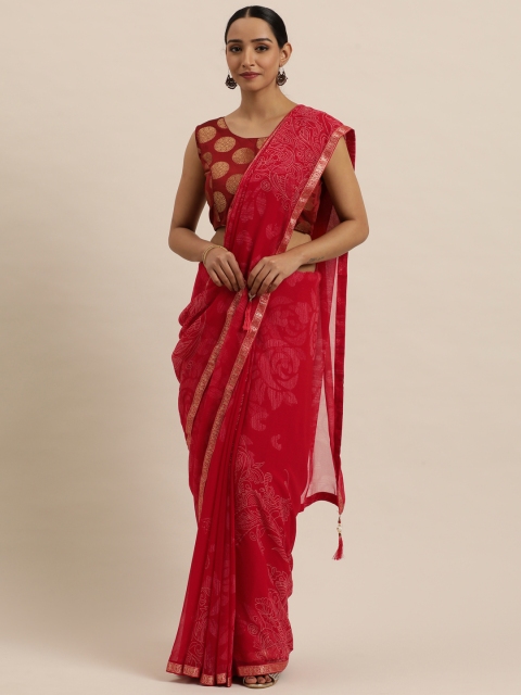 

Triveni Red Embellished Beads and Stones Pure Georgette Saree