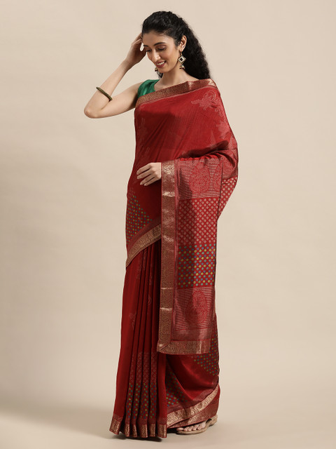 

Triveni Maroon Ethnic Motifs Printed Art Silk Chanderi Saree