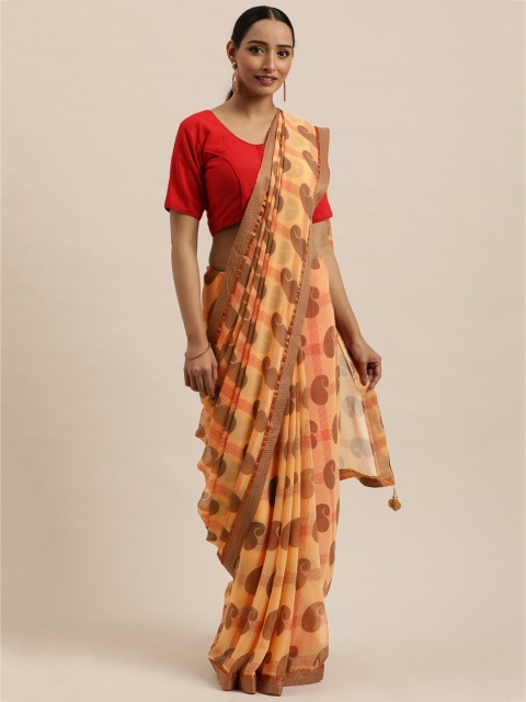 

Triveni Mustard Yellow & Brown Printed Pure Georgette Saree