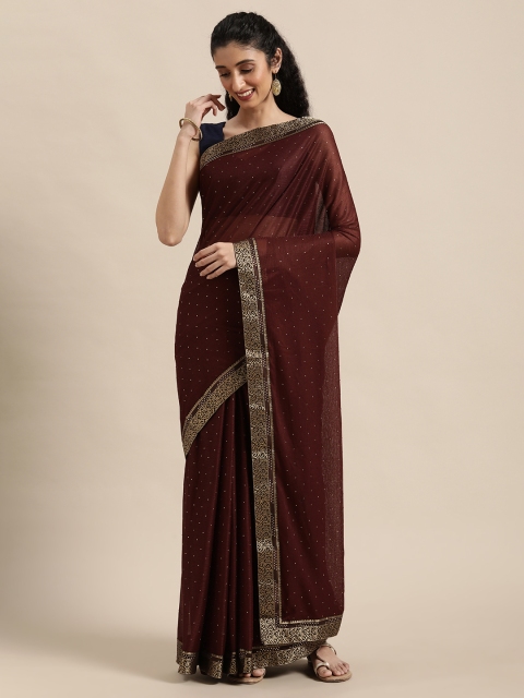 

Triveni Maroon & Gold-Toned Embellished Beads and Stones Saree