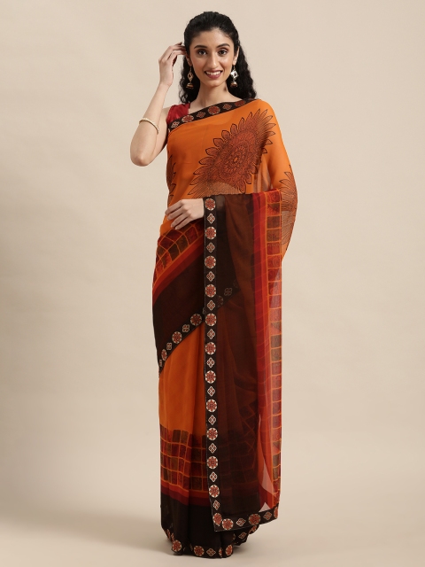 

Triveni Orange & Black Floral Printed Pure Georgette Saree