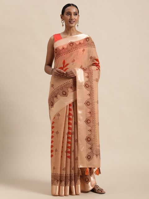 

Triveni Peach-Coloured & Brown Ethnic Motifs Printed Pure Cotton Saree