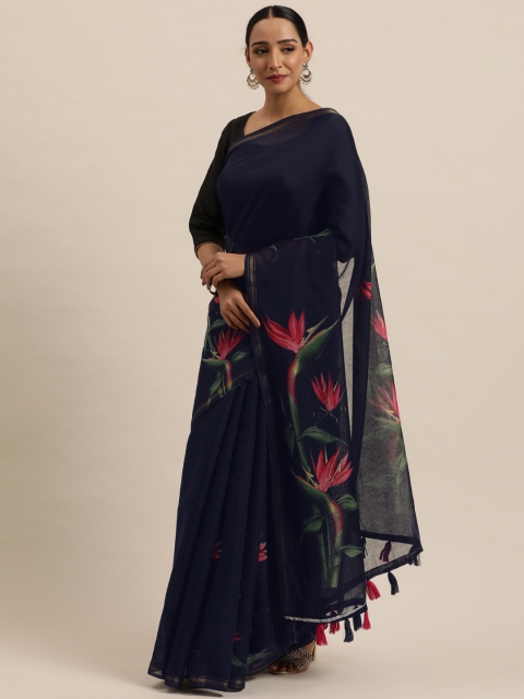 

Triveni Navy Blue Floral Silk Cotton Saree
