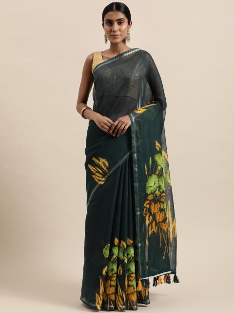 

Triveni Black & Green Floral Digital Printed Silk Cotton Saree