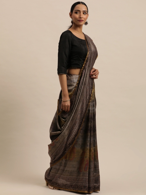 

Triveni Grey & Red Ethnic Motifs Art Silk Chanderi Saree