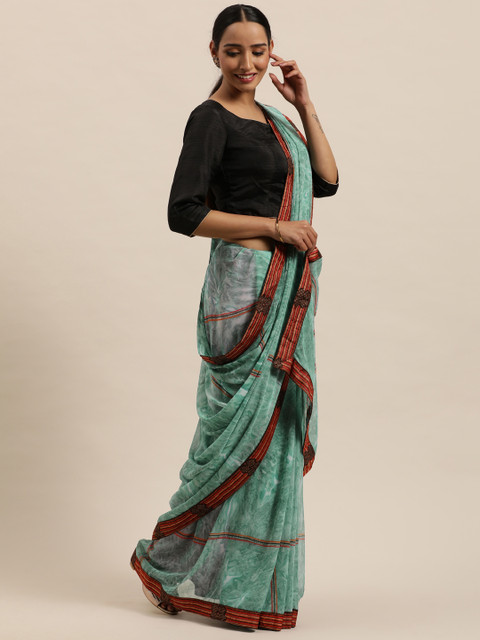 

Triveni Sea Green Hand Printed & Embellished Pure Georgette Saree