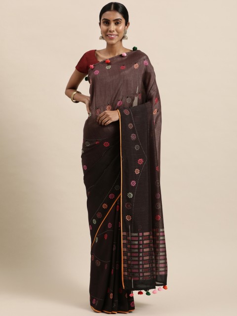 

Triveni Grey & Pink Floral Printed Art Silk Chanderi Saree