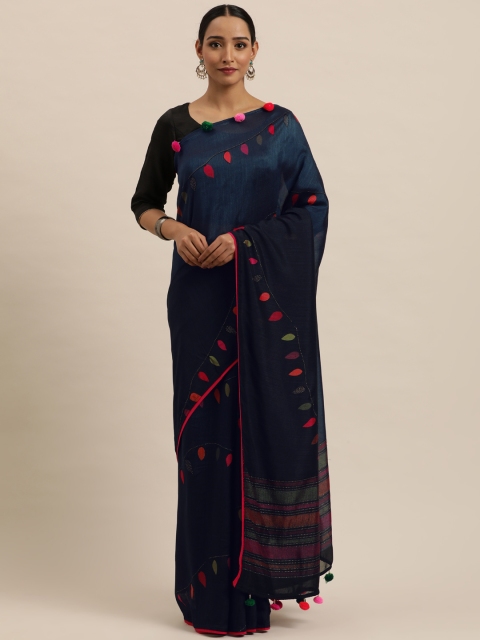 

Triveni Navy Blue Floral Art Silk Chanderi Saree