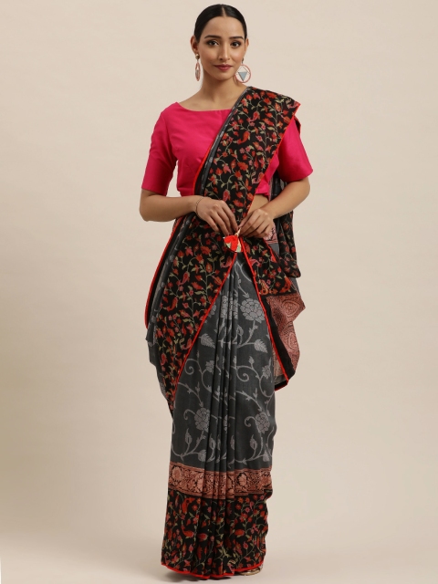 

Triveni Charcoal Grey & Red Floral Art Silk Chanderi Saree