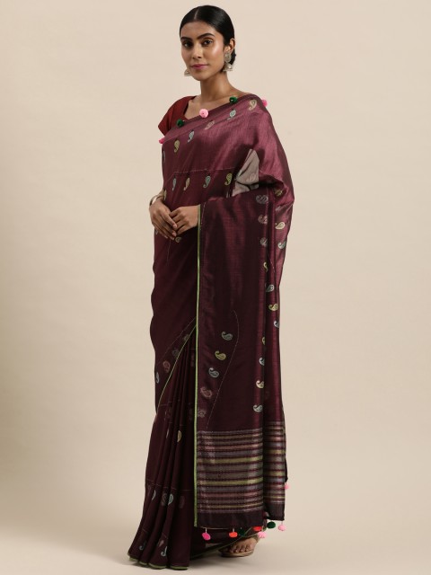 

Triveni Burgundy & Blue Ethnic Motifs Art Silk Chanderi Saree