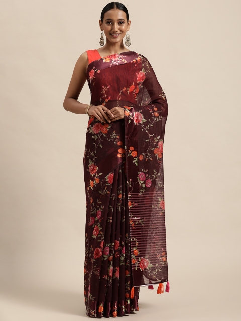 

Triveni Burgundy & Orange Floral Print Pure Cotton Saree
