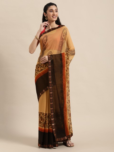 

Triveni Peach-Coloured Floral Printed Pure Georgette Saree