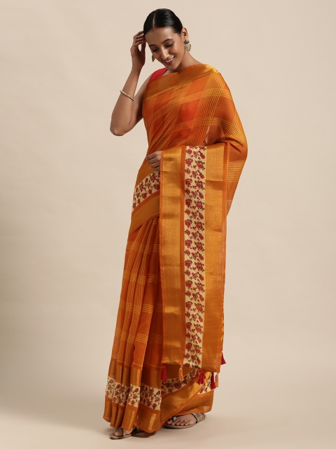 

Triveni Mustard Yellow Checked & Floral Printed Silk Cotton Saree