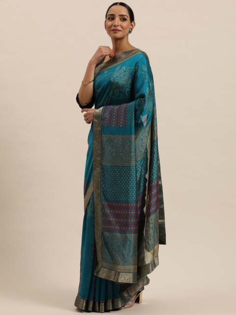 

Triveni Blue Floral Printed Art Silk Chanderi Saree