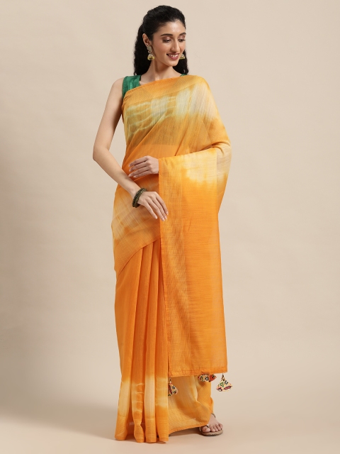

Triveni Orange Hand Print Silk Cotton Saree