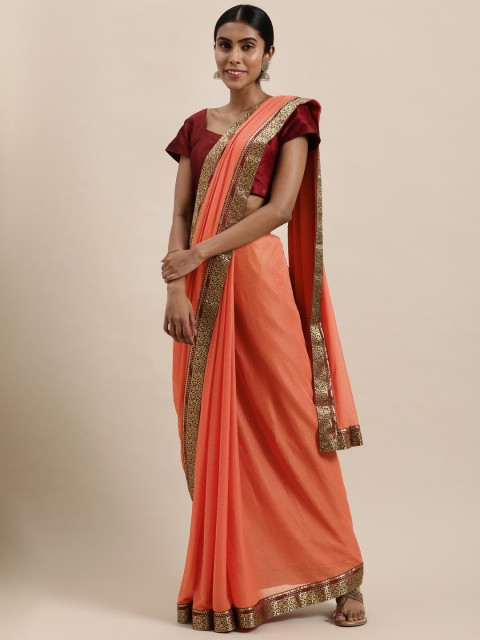 

Triveni Orange Embellished Beads and Stones Saree