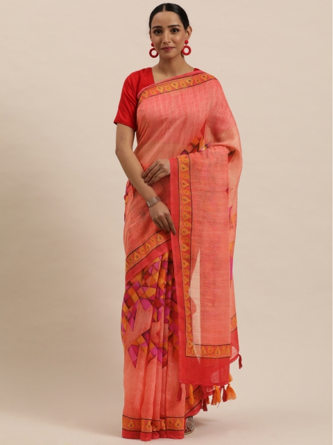 

Triveni Peach-Coloured & Pink Geometric Printed Art Silk Chanderi Saree