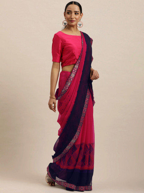 

Triveni Pink & Navy Blue Pure Georgette Saree