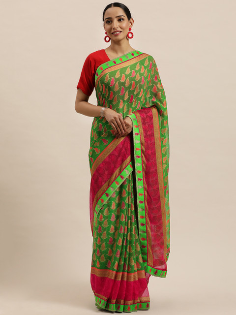 

Triveni Green & Pink Floral Pure Chiffon Saree