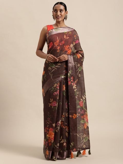 

Triveni Coffee Brown & Orange Floral Pure Cotton Saree