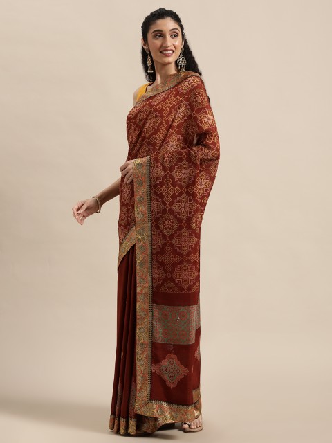 

Triveni Brown Ethnic Motifs Art Silk Chanderi Saree