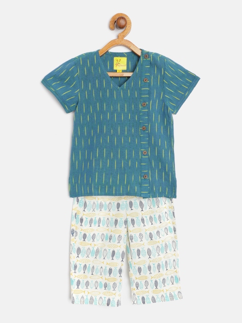 

Tiny Bunnies Kids Teal Blue & White Patterned Cotton Short Kurta with Printed Trousers