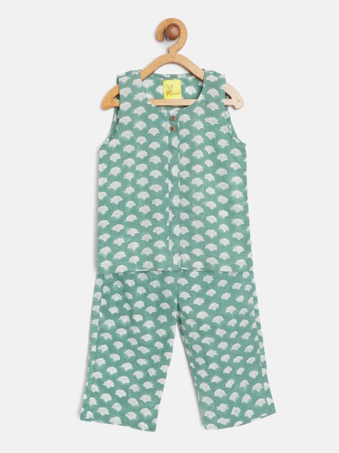

Tiny Bunnies Kids Green & White Ethnic Floral Print Pure Cotton Short Kurta with Trousers