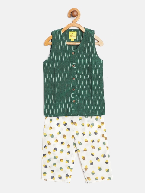 

Tiny Bunnies Kids Green & White Ikat Pattern Cotton Short Kurta with Trousers