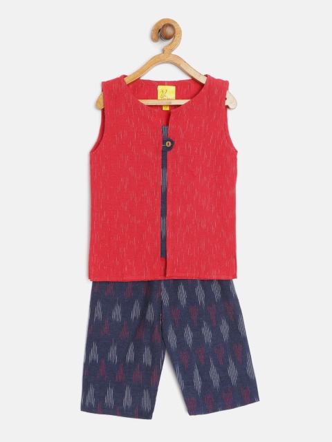 

Tiny Bunnies Kids Maroon & Navy Blue Patterned Pure Cotton Short Kurta with Trousers