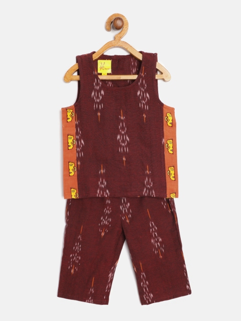 

Tiny Bunnies Kids Burgundy & White Patterned Pure Cotton Short Kurta with Trousers