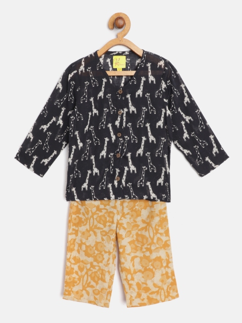 

Tiny Bunnies Kids Black & Beige Printed Sustainable Short Kurta with Trousers
