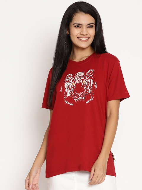

Wolfpack Women Red White Tiger Printed Pure Cotton T-shirt