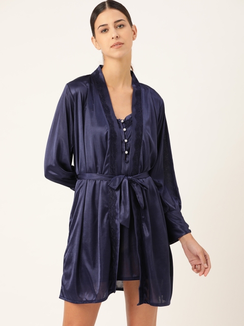 

MRASIS Navy Blue Solid Nightdress with Robe & Belt